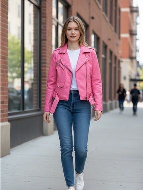 Levi's Pink Faux Leather Moto Jacket with Belted Hem